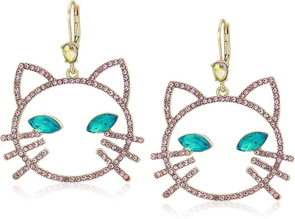 Betsey Johnson Women's Pink Stone Open Cat Face Drop Earrings Fashion Jewelry